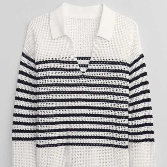 GAP White/Neutral Stripe Relaxed Crochet Collared Sweater/NWT/M - Picture 12 of 12